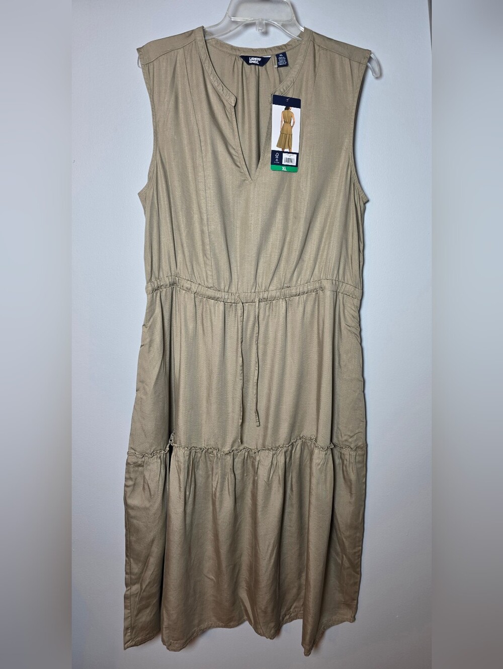 Lands' End Sz XL Lyocell Sleeveless Midi Dress Khaki Tan Tiered Drawstring Waist
